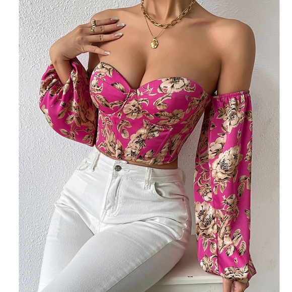 Boho Floral Print Lace up Off Shoulder Corset Top - Picture 13 of 15